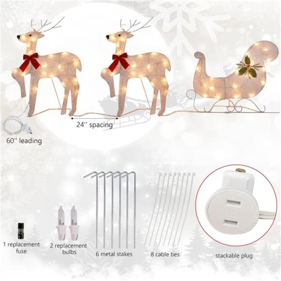 Set of 3 Lighted Christmas 2D Reindeers Decor,  23 Inch Pre-Lit Light Up Xmas - Picture 2 of 6